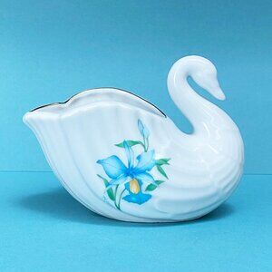 Beautiful Small Porcelain White Swan Bowl with Flowers - Swan Planter - Cottage
